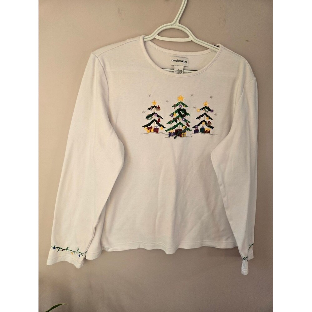 Breckenridge Christmas Tree Embroidered Holiday Sweatshirt White Size Large